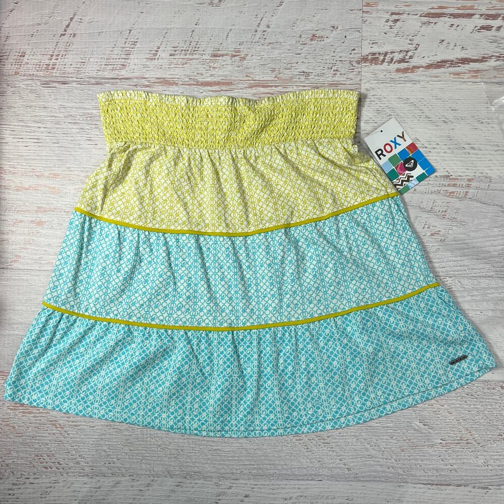 Roxy Bali Tiered Mini Skirt SIZE L Blue Yellow Smocked Waist Boho Beach